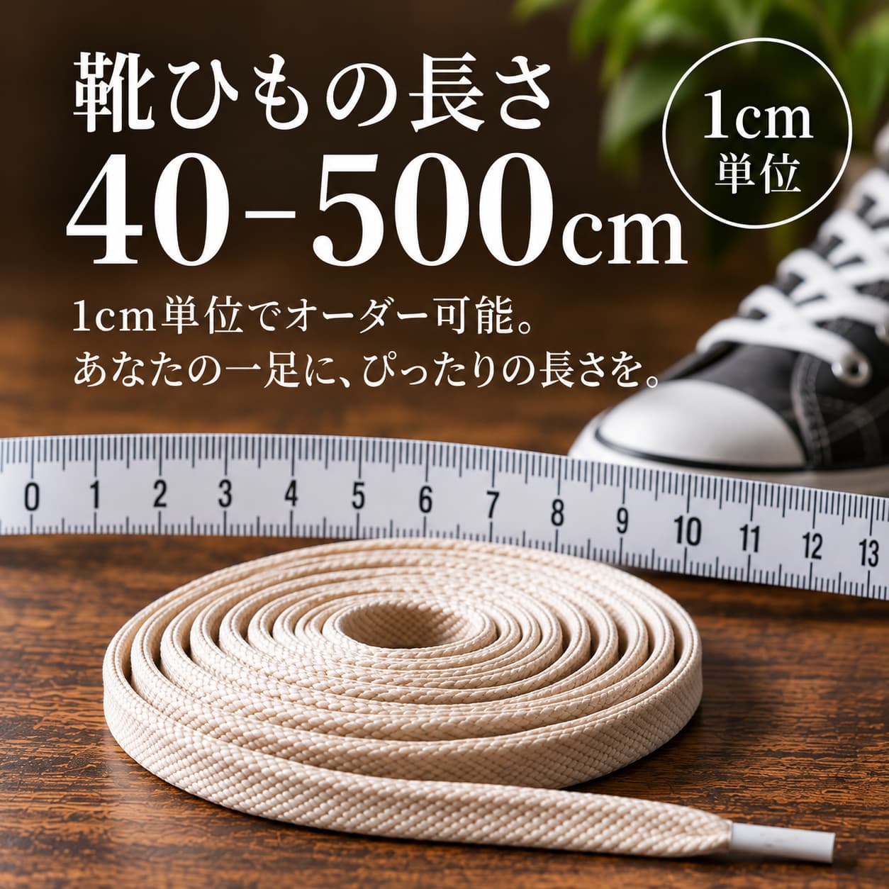 靴ひもの長さは、40-500cmまで、1cm単位でオーダー可能